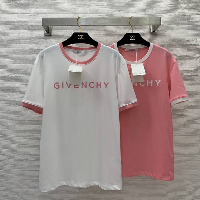 Givench*纪梵家高端定制胸前字母logo印花撞色边圆领短袖t恤上衣 白色 粉色 M码 肩宽45 胸围94 袖长20 衣长66